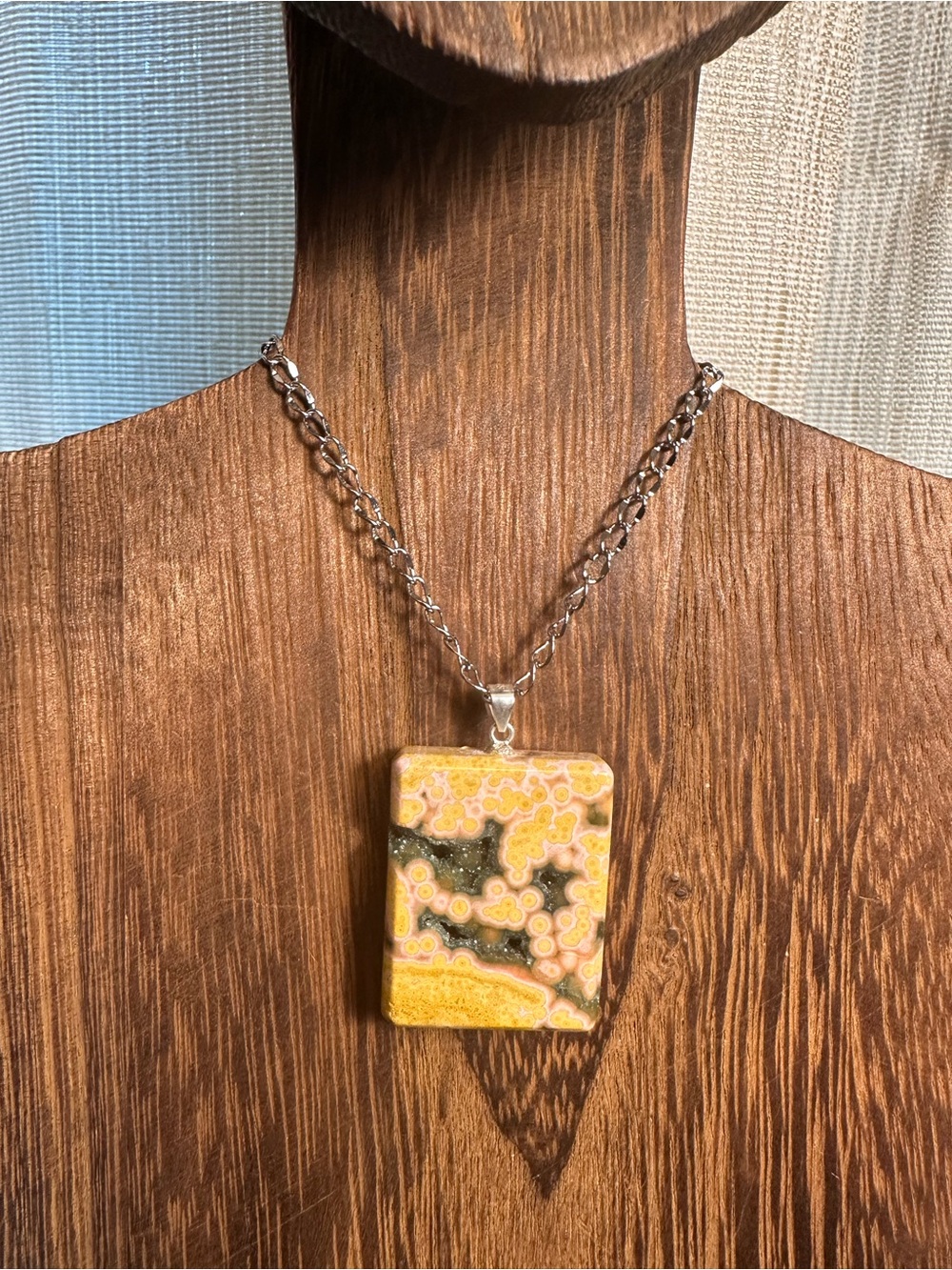 Yellow and Black Druzy Ocean Jasper Pendant Necklace on Stainless Steel Chain - Picture 4 of 16